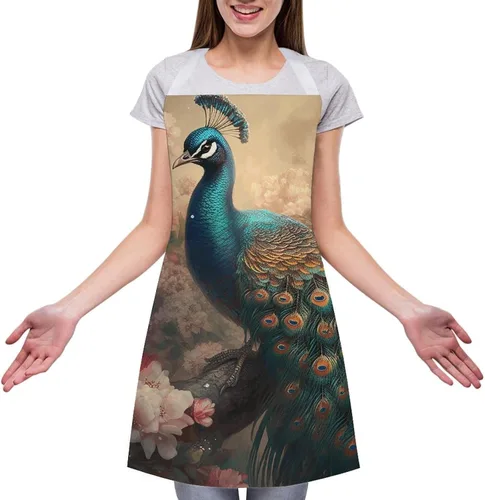 Vista 3 de MUSM Apron for Adults - 27.6 X 31.5 Inch, Heavy-Duty Polyester Aprons with Two Large Pockets, Waterproof Oriental Peacock Pattern Kitchen Apron for