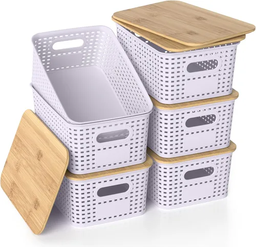 Vista 9 de Cestas de almacenamiento de plástico con tapas de bambú, contenedores pequeños apilables para organización y contenedores para estantes, cajones
