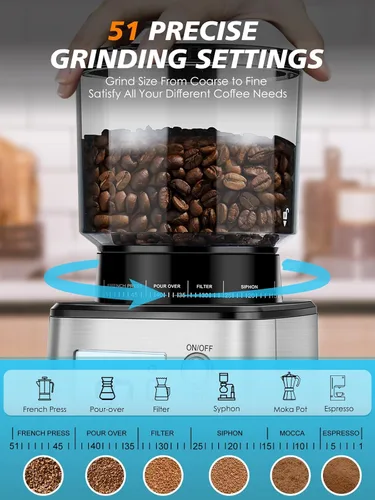 Vista 5 de Homtone Molinillo de café expreso con rebabas cónicas – Molinillo de frijoles eléctrico continuo de 2.008 in con ajustes de molienda, temporizador
