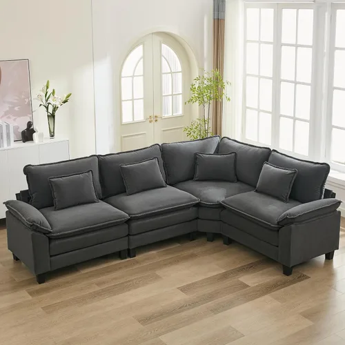 Vista 16 de URRED - Sofá seccional modular tipo nube, cómodo sofá cama de chenilla moderna con asientos profundos y otomán/almohadas para sala de estar