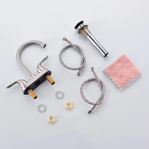 Vista 6 de Grifo de lavabo de baño con conjunto de drenaje emergente, grifo central de 4 pulgadas y 2 manijas - Control de temperatura, fácil de instalar