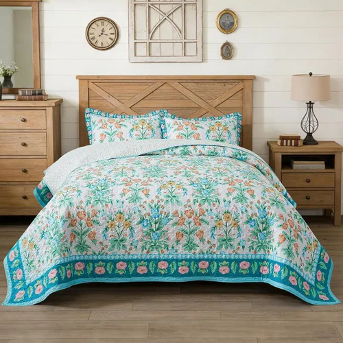Vista 29 de HoneiLife - Juego de edredón de 3 piezas, colcha ligera de microfibra, diseño de flores silvestres, cubrecamas ligero y botánico, para todas