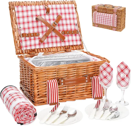 Vista 10 de Willow - Juego de cestas de picnic para 2 personas con bolsa térmica grande aislada y manta de picnic impermeable, cesta de picnic de mimbre