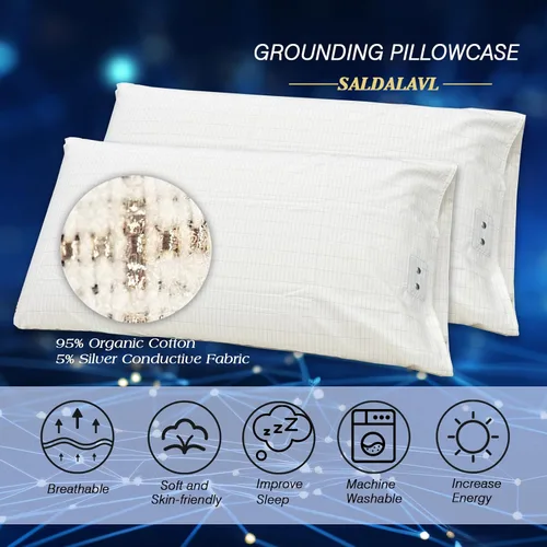 Vista 3 de Fundas de almohada Queen con cable de conexión a tierra de 15 pies, 2 fundas de almohada conductoras de fibra de algodón de fibra plateada para un