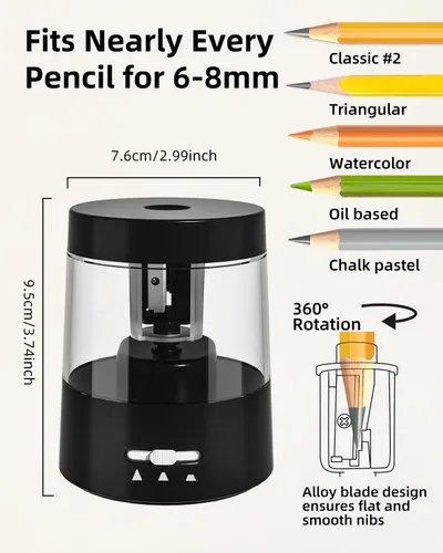 Vista 3 de ZMOL Sacapuntas eléctrico para lápices de colores, operado por batería, sacapuntas eléctrico enchufable para niños 6-8mm No.2/Oficina/Hogar/Negro
