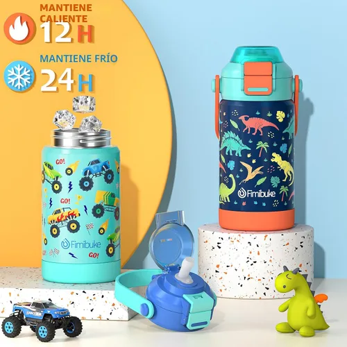 Vista 4 de Botella de agua aislada para niños con pop-open pajita y pico 2-en-1, botella de agua aislada de 14 onzas para niños, botella de acero inoxidable