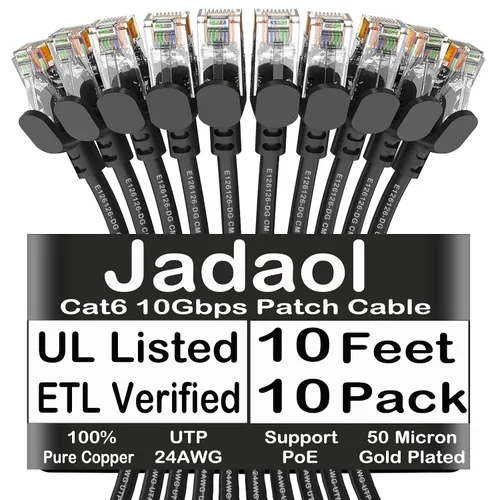 Vista 36 de Cable Ethernet Cat 6 de 1 pie (paquete de 6), para exteriores e interiores, compatible con red Cat7 de 10 Gbps, cable de conexión LAN plano de Negro