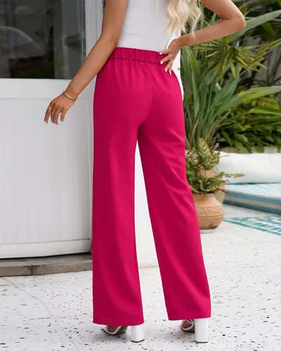 Vista 2 de Vetinee Pantalones de vestir para mujer, estilo casual, de cintura alta, pierna ancha, para trabajo, oficina, pantalones elásticos