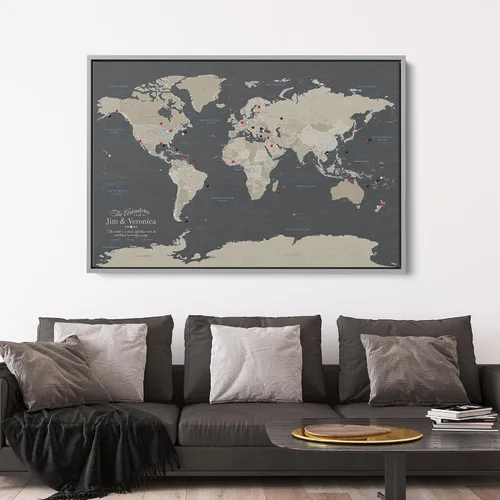 Vista 2 de Mapamundi con alfileres, con marco de 24 x 36 pulgadas y alfileres, Negro, 24 x 36 pulgadas Soporte flotante plateado