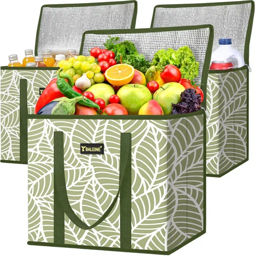 Vista 24 de BALEINE 1 paquete de bolsas reutilizables para comestibles, bolsas de compras plegables para comestibles con parte inferior reforzada y asas Follaje