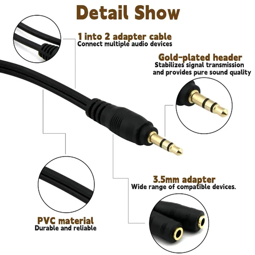 Vista 10 de Paquete de 2 conectores de adaptador de cable divisor estéreo de 0.138 in, macho de 0.138 in a 2 hembras, para conectar altavoces externos o usar