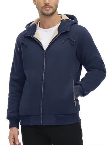 Vista 2 de MAGCOMSEN Chaqueta de forro polar con capucha para hombre, con cremallera completa, cálida, mullida, resistente al viento, abrigos de invierno