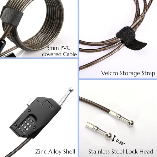 Vista 6 de Cerradura de cable de combinación de 4 dígitos, bloqueo de cable de acero recubierto de PVC de 70 pulgadas con cuerpo de aleación de zinc, 10,000