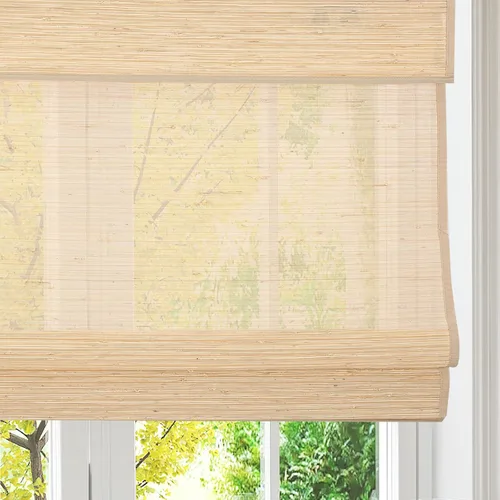 Vista 8 de Persianas romanas de bambú con cenefa, varillas de lino, inalámbricas, opacas, personalizadas, opacas, para oscurecer la habitación, persianas