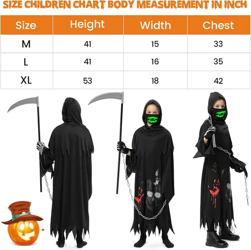 Vista 5 de Grim Reaper Costume for Kids, Halloween Costumes for Boys and Girls, with Scythe, Chain, Gloves and Luminous Masks
