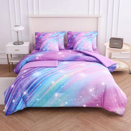 Vista 22 de Juego de ropa de cama arcoíris tamaño individual, edredón reversible de 5 piezas para niñas con sábana de bolsillo profundo, diseño degradado