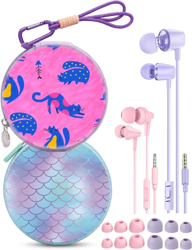 Vista 14 de 2 paquetes de auriculares para niños (azulvioleta) GOGOSINIS 2-Pack Teens Wired Student Earbuds with Carabiner Clips to Attach on School