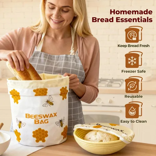 Vista 4 de Bolsas de pan de cera de abejas OHIYO para pan casero y cubierta elástica reutilizable para tazón de fermentación, cubierta elástica para masa