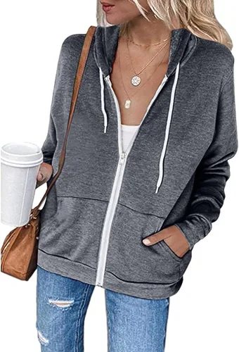 Vista 5 de PANOEGSN Sudadera con capucha y cremallera para mujer, ligera, casual, de manga larga, con cordón, suéter con bolsillos