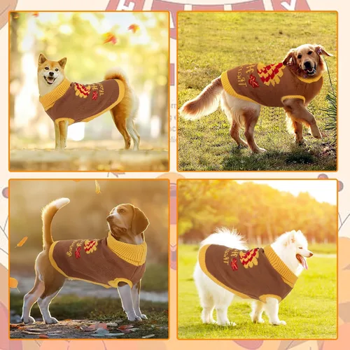 Vista 7 de Suéter de punto de Acción de Gracias de cuello alto para perro, suéter cálido sin mangas con agujero para correa para cachorro, perrito, Yorkshire