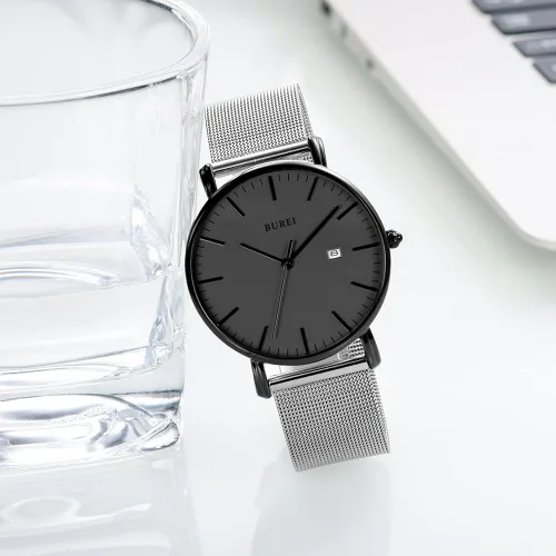 Vista 6 de BUREI - Reloj de pulsera analógico para hombre con fecha, extensible de malla de acero inoxidable