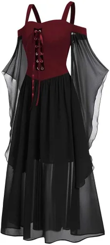 Vista 2 de SHOPESSA Disfraz medieval para mujer vestido largo de manga mariposa hombros descubiertos vestido de corsé steampunk para mujer ropa gótica