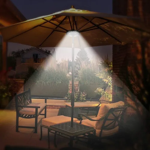Vista 7 de OYOCO Luz para sombrilla de patio, 3 modos de brillo, inalámbrica, 28 luces LED a 200 lúmenes, 4 pilas AA, luz de poste para sombrilla de patio