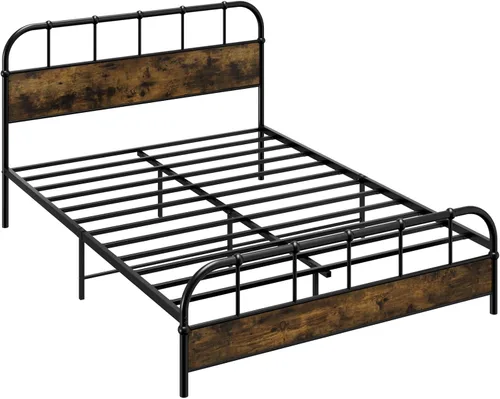Vista 9 de Giantex Base de cama de metal tamaño Queen con cabecera de madera, base de cama de plataforma industrial con listones de metal resistente, base