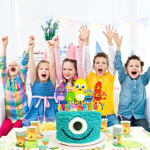 Vista 9 de Decoración de pastel de cumpleaños de monstruo, suministros de fiesta de cumpleaños, decoración de pastel de monstruo pequeño para niños, temática