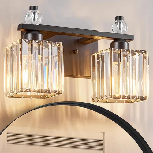 Vista 28 de Luces de Tocador de Baño de 3 Luces, Placado Negro, Modernas Luces de Tocador de Cristal para Baño, Luces de Tocador de Cristal para Usar Sobre