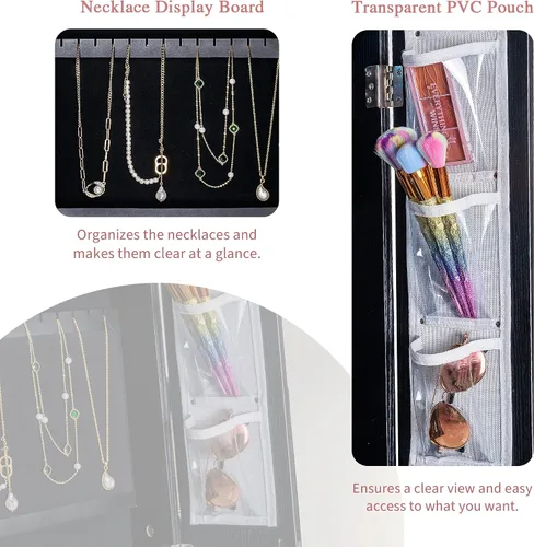 Vista 5 de LAVIEVERT Armario de joyería de 6 LED con marco de fotos, gabinete de almacenamiento de maquillaje de joyería independiente con espejo, organizador