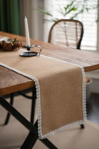 Vista 8 de Camino de mesa de yute natural rústico para mesa de comedor de granja con dobladillo de encaje para boda, fiesta, camino de mesa lavable, camino