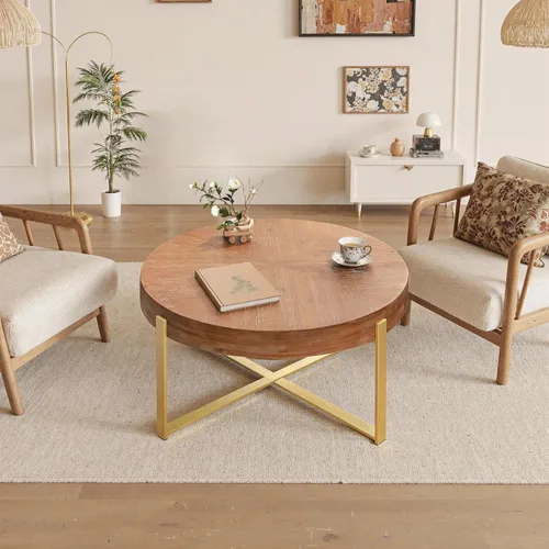 Vista 7 de Mesa de centro redonda de empalme retro moderna de 33.86 pulgadas, mesa de madera de abeto con base de patas cruzadas negras