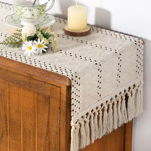 Vista 3 de Socomi Camino de mesa bohemio de verano rústico para comedor, cocina, centro de mesa, decoración pequeña de macramé de algodón y lino, camino