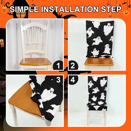 Vista 4 de Preboun 8 fundas para sillas de Halloween de 4 estilos, fundas para sillas de comedor de Halloween, fundas protectoras para sillas espeluznantes