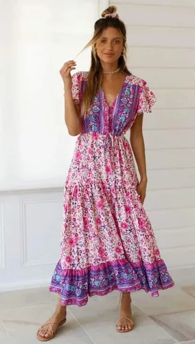 Vista 3 de R.Vivimos - Vestido de verano holgado para mujer, tela de algodón, estampado floral, manga corta