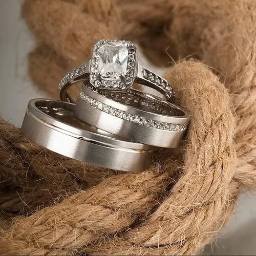 Vista 7 de Juego de anillos de boda de plata de ley 925 para parejas, juego de anillos de boda personalizados para hombre y mujer