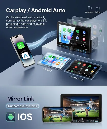Vista 5 de Estéreo de coche de 7 pulgadas de un solo DIN con AM/FM/RDS inalámbrico/con cable Carplay Android Auto Bluetooth 5.2 IPS Pantalla MirrorLink SWC EQ