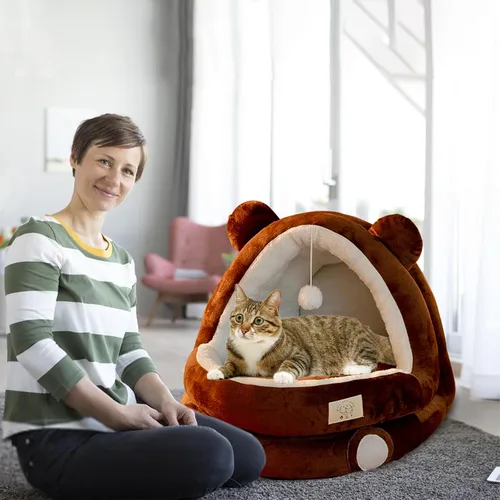 Vista 7 de Bonita cama para gatos, cama interior para gatos con cojín extraíble, casa de campaña de felpa para mascotas, diseño de orejas de dibujos animados
