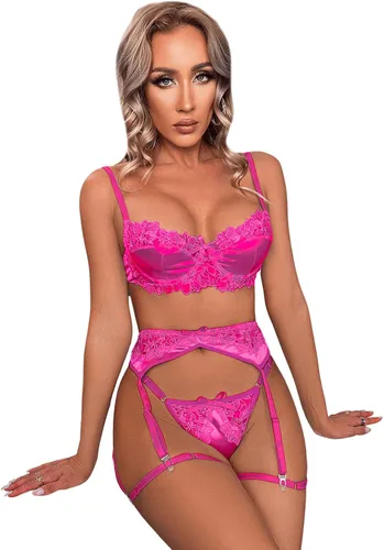 Vista 6 de SweatyRocks Conjunto de lencería de 4 piezas para mujer, brasier y braga de encaje floral con liga