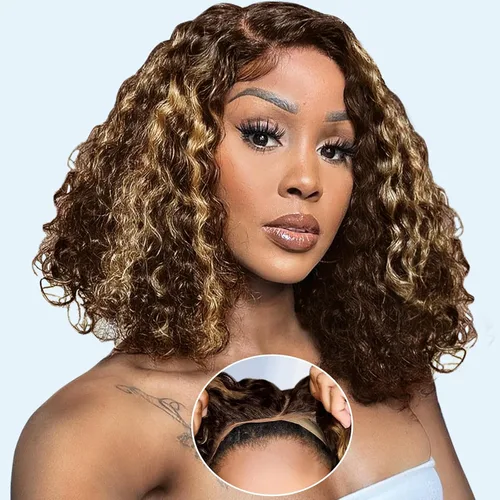 Vista 9 de Pelucas de cabello humano sin pegamento pre arrancadas pre cortadas con reflejos rubios Bob rizado corto con encaje frontal para mujeres negras