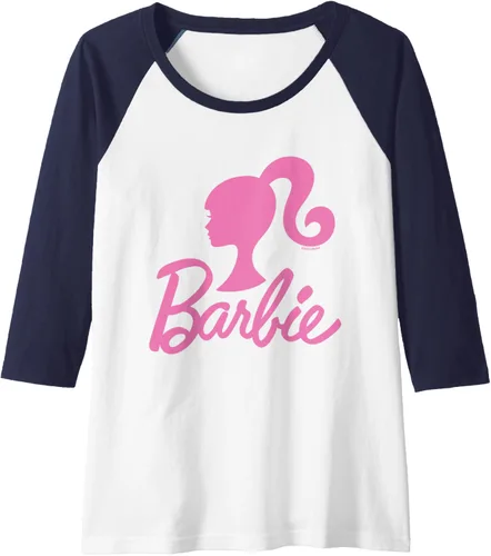 Vista 12 de Barbie - Camiseta de béisbol raglán raglán con logotipo rosa de Barbie, Negro - Negro/Blanco