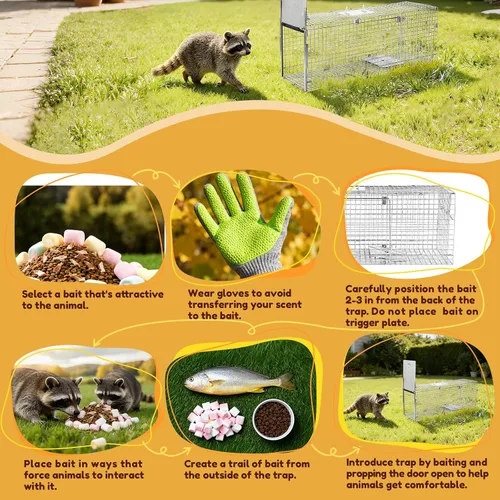 Vista 6 de Jaula de trampa para animales vivos plegable de 37" Jaula de trampa de animales para mapaches, gatos callejeros, gatos pequeños y zorros pequeños