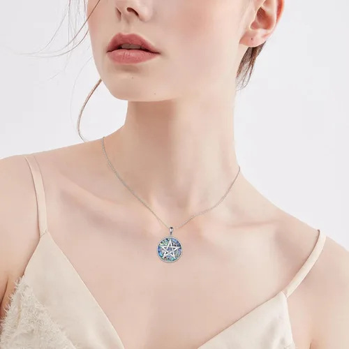 Vista 2 de Collar de plata de ley con tetragrammaton para mujeres y hombres, collar con colgante de pentagrama de concha de abulón, amuleto de protección