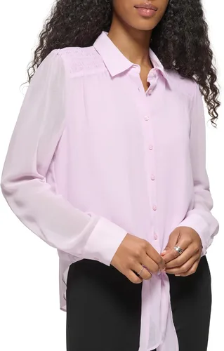 Vista 5 de Calvin Klein Blusa de gasa de poliéster con hombros fruncidos para mujer