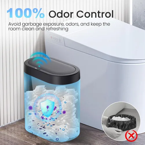 Vista 4 de jinligogo Basurero de baño de 5 galones con tapa, sensor de movimiento automático, color negro, cubo de basura delgado e impermeable sin contacto