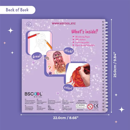 Vista 2 de BSCOOL - Libro de dibujo, colorear y actividades. Crea peinados con pegatinas y guías. Cuaderno de bocetos de diseño de moda para niños de 5 años