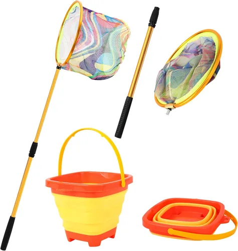 Vista 7 de Red de pesca para niños, red de aterrizaje telescópica con mango de poste de aluminio, cubo de arena plegable, red de mariposa para jugar al aire