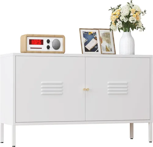 Vista 18 de Gabinete de almacenamiento de metal, soporte de TV de 2 puertas, armario decorativo con puertas y estante ajustable, armario de metal, mesita