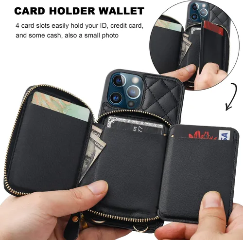 Vista 4 de Bocasal - Funda tipo cartera cruzada para iPhone 13 Pro, color negro RFID Blocking PU Leather Zipper Handbag Purse, Kickstand Flip Folio Case with